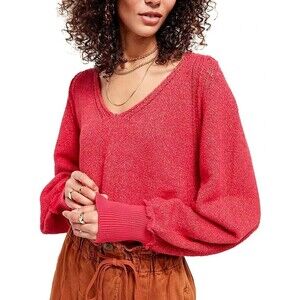 Free People Riptide Oversize Sweater Pink V-Neck Balloon Sleeve Size XS NWT $98